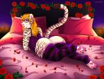  absurd_res bedroom blonde_hair butt clothing curvy_figure eyewear female flower glasses hair hi_res legwear nyla paws plant rose_(flower) slightly_chubby solo stockings stripes taiga.art trans_(lore) trans_woman_(lore) 