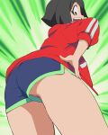  1girl ass black_hair brand_new_animal cowboy_shot haruyama_kazunori jacket kagemori_michiru looking_at_viewer open_clothes open_jacket open_mouth pussy pussy_peek red_jacket shirt short_hair shorts simple_background smile solo standing track_jacket white_shirt 