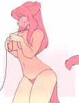  anthro bangs biped border breasts clothed clothing collar covering covering_breasts digital_media_(artwork) domestic_cat felid feline felis female gradient_background gui_(character) hair leashed_collar long_hair mammal outside_border panties pink_body pink_clothing pink_eyes pink_hair pink_nose pink_panties pink_underwear simple_background solo topless underwear white_border zyira 