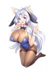  1girl absurdres ajishio animal_ear_fluff animal_ears bangs blush bodysuit bow bowtie breasts fake_tail fox_ears grey_hair hands_up high_ponytail highres kneeling large_breasts long_hair no_shoes open_mouth playboy_bunny purple_eyes rabbit_tail sidelocks simple_background solo tail thighhighs touhoku_itako traditional_bowtie very_long_hair voiceroid white_background wrist_cuffs 