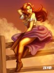  1girl blue_eyes breasts brown_sky cloud fence highres long_hair malon pinup_(style) pointy_ears red_hair sitting sky smile solo solo_focus the_legend_of_zelda the_legend_of_zelda:_ocarina_of_time thighs zilvan 