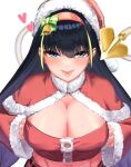  bangs black_hair blonde_hair blue_eyes blush bow breasts buttons capelet cleavage commentary_request crop_top detached_sleeves friend_a1012 fur-trimmed_capelet fur-trimmed_headwear fur-trimmed_sleeves fur_trim gradient_hair green_bow hair_between_eyes hairband hat heart highres large_breasts lessar long_hair looking_at_viewer mechanical_tail midriff multicolored_hair navel pom_pom_(clothes) red_capelet red_hairband santa_costume santa_hat snowflake_print tail toaru_majutsu_no_index tongue tongue_out white_background wide_sleeves 