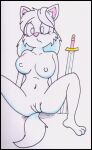  anatomically_correct anatomically_correct_genitalia anthro arctic_fox biped breasts canid canine female fox genitals hair long_hair mammal melee_weapon nipples nude pussy reddragonkan silver_(tigerknight) sitting solo sword swords_and_sausages tigerknight traditional_media_(artwork) weapon webcomic webcomic_character worried_look 