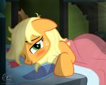  2016 applejack_(mlp) bed bed_hair bedding bedroom blanket blonde_hair blush digital_media_(artwork) ears_down earth_pony equid equine female feral freckles friendship_is_magic furniture green_eyes hair hasbro hi_res horse inside lying lying_on_bed mammal messy_hair missing_accessory my_little_pony on_bed on_model one_eye_closed orange_body pillow pivoted_ears pony ponyecho signature smile smiling_at_viewer solo tired window 