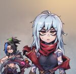  2girls arm_tattoo bangs bare_shoulders black_hair black_sclera blue_hair bow breasts brown_eyes colored_sclera english_commentary genderswap genderswap_(mtf) gradient gradient_background grey_hair hair_ribbon heterochromia holding holding_scythe kayn_(league_of_legends) league_of_legends long_hair looking_at_viewer medium_breasts messy_hair multicolored_hair multiple_girls navel orange_bow parted_lips phantom_ix_row ponytail red_eyes ribbon scythe shiny shiny_hair shoulder_tattoo single_bare_shoulder single_shoulder_pad tattoo teeth two-tone_hair upper_body zed_(league_of_legends) 