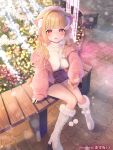  1girl animal_ear_fluff animal_ears bangs bench between_breasts blush boots breasts breath cat_ears cat_girl christmas christmas_ornaments grin high_heel_boots high_heels highres jacket kemomimi_refle! knee_boots kuyukian3 large_breasts long_hair looking_at_viewer miniskirt mole mole_under_eye nekoma_karin open_clothes open_jacket outdoors pink_jacket pink_ribbon pom_pom_(clothes) red_eyes ribbon second-party_source sitting skirt smile snowing solo strap_between_breasts sweat sweater virtual_youtuber white_footwear white_sweater wing_hair_ornament 