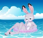  absurd_res anthro beach claws dipstick_ears disney exposed feet female hi_res inflatable inner_tube judy_hopps lagomorph leporid mammal multicolored_ears nipples nude partially_submerged purple_eyes rabbit relaxing seaside sky solo toe_claws underwater_view unolvidadomas water zootopia 