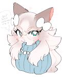  1girl :&lt; animal_ears animal_nose aqua_eyes blue_sweater blush body_fur bow brown_fur brown_hair cat_ears cat_girl closed_mouth cocri commentary_request fang fang_out furry furry_female glasses gradient_hair hair_bow heart jewelry long_hair looking_at_viewer messy_hair multicolored_hair necklace original pearl_necklace pince-nez ribbed_sweater round_eyewear solo sweater teardrop-framed_glasses thought_bubble translation_request two-tone_fur two-tone_hair upper_body v-shaped_eyebrows white_bow white_fur white_hair yellow-framed_eyewear 