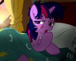  2016 bed bed_hair bedding bedroom blanket blue_hair blush digital_media_(artwork) equid equine female friendship_is_magic furniture hair hasbro hi_res horn horse lidded_eyes lying lying_on_bed mammal messy_hair my_little_pony on_bed on_model open_mouth pillow pony ponyecho purple_body signature solo sun sunrise tired twilight_sparkle_(mlp) unicorn window yawn 