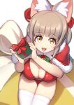  1girl :d absurdres animal_ear_fluff animal_ears arukiru bangs bikini bow breasts brown_hair cape cat_ears cat_girl christmas cleavage from_above fur_cape gift hair_bow highres holding holding_gift large_breasts long_hair looking_at_viewer open_mouth original red_bikini red_bow red_cape santa_costume shadow simple_background sitting smile swimsuit thighhighs white_background white_thighhighs yellow_eyes 