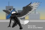  2022 ahro anthro back_wings black_body black_feathers black_latex black_nose blue_hair boots building bulge canid canine clothing daryil_(tapewolf) day demon dipstick_tail feathered_wings feathers fist footwear fox fur glistening glistening_clothing gloves grey_body grey_feathers grey_fur hair hand_on_ground handwear head_wings hi_res kneeling latex_gloves long_hair looking_forward male mammal markings outside purple_eyes rubber rubber_clothing rubber_suit signature sky solo spread_wings superhero_landing tail_markings tapewolf white_body white_fur wings 