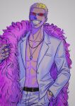  1boy absurdres blonde_hair coat darth_niyard donquixote_doflamingo earrings feather_coat grey_background grin hand_in_pocket highres jewelry male_focus multiple_rings necklace one_piece open_clothes open_shirt pink_coat ring shirt short_hair smile solo_focus sunglasses upper_body watch white_shirt wristwatch 