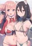  2girls animal_ear_fluff animal_ears bangs bikini black_gloves black_hair black_ribbon braid breasts capelet closed_mouth commentary commission double_bun fur-trimmed_bikini fur-trimmed_capelet fur_trim gloves gucchiann hair_between_eyes hair_bun hair_ribbon hatsune_(princess_connect!) highres large_breasts long_hair looking_at_viewer multiple_girls navel open_mouth pink_hair pointy_ears princess_connect! purple_eyes red_bikini red_capelet ribbon shiori_(princess_connect!) siblings side-tie_bikini_bottom sisters skeb_commission skindentation smile snowflake_background swimsuit tail very_long_hair 