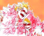 2boys blonde_hair brothers cape closed_eyes coat donquixote_doflamingo donquixote_rocinante earrings feather_coat hand_on_another&#039;s_shoulder heart heart_print jewelry laughing long_sleeves makeup mawari28 multiple_boys necktie one_piece open_mouth orange_background pink_coat short_hair siblings sunglasses white_necktie 