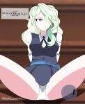  1girl absurdres aqua_eyes blue_eyes bracelet breasts breeches closed_mouth dialogue_box diana_cavendish green_hair half_body highres jewelry legs_apart legs_up looking_at_viewer medium_breasts non-web_source simple_background skirt solo spread_legs wavy_hair white_hair 