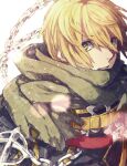  1boy bangs black_coat blonde_hair chain coat commentary_request cross green_eyes green_scarf hair_between_eyes looking_at_viewer male_focus military military_uniform parted_lips portrait ragnarok_online rebellion_(ragnarok_online) scarf short_hair solo tokio_(okt0w0) torn_scarf uniform white_background 