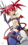  1girl artist_name bare_shoulders boots bra breasts dated demon_tail disgaea earrings elbow_gloves etna_(disgaea) gloves heart highres holding_trident jewelry looking_at_viewer makai_senki_disgaea oyster_(artist) pointy_ears red_eyes red_hair short_hair simple_background sitting skirt skull_earrings slit_pupils small_breasts solo tail thighhighs twintails underwear 