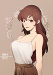 1girl aulauly bangs breasts brown_eyes brown_hair cleavage closed_mouth flower highres large_breasts lips long_hair lupin_iii mine_fujiko pants shirt_tucked_in smile solo standing tank_top white_flower white_tank_top 