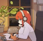  1girl book braid chainsaw chainsaw_man chair city_lights headphones highres holding holding_toy ix makima_(chainsaw_man) night office_chair paper plant pochita_(chainsaw_man) potted_plant profile rain red_hair scissors shirt sitting stuffed_toy toon_(style) toy white_shirt window yellow_eyes 