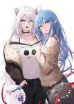  2girls :d absurdres ahoge animal_ears bangs black_choker black_jacket black_pants blue_hair breasts brown_sweater choker cleavage cowboy_shot elf grey_eyes grey_hair hair_between_eyes hand_in_pocket heart heart_ahoge highres hololive jacket lion_ears long_hair multiple_girls open_clothes open_jacket open_mouth pants pointy_ears shishiro_botan smile ssrb_(shishiro_botan) standing sweater very_long_hair virtual_youtuber wanne yellow_eyes yukihana_lamy yukimin_(yukihana_lamy) 