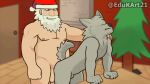  5_fingers anal anal_penetration animated anon bathroom beard belly biceps canid canine canine_tail christmas christmas_clothing christmas_decorations christmas_headwear clothing duo ears_up edukart21 facial_hair fingers fur grey_body grey_fur hair half-closed_eyes hat headgear headwear holidays human kemono male male/male mammal mature_male moobs muscular narrowed_eyes nipples overweight overweight_male pecs penetration santa_claus santa_hat smile tail white_hair 