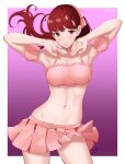  1girl absurdres armpits bikini blush bow commission commissioner_upload hakuink highres looking_at_viewer midriff non-web_source official_alternate_costume persona persona_5 persona_5_the_royal pink_bikini pink_bow ponytail red_hair smile solo swimsuit yoshizawa_kasumi 