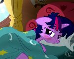  2016 bed bed_hair bedding bedroom bedroom_eyes blanket blue_hair blush digital_media_(artwork) equid equine female feral friendship_is_magic furniture hair hasbro hi_res horn horse looking_at_viewer lying lying_on_bed mammal messy_hair my_little_pony narrowed_eyes on_bed on_model open_mouth pillow pony ponyecho purple_body seductive signature smile smiling_at_viewer solo sun tired twilight_sparkle_(mlp) unicorn window yawn 
