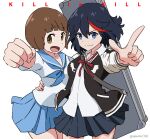  2girls akane_(akaneoekaki0928) arm_around_waist bangs black_hair blue_eyes blue_sailor_collar blue_skirt blunt_bangs brown_eyes brown_hair clenched_hand highres index_finger_raised jacket kill_la_kill looking_at_viewer mankanshoku_mako matoi_ryuuko multicolored_hair multiple_girls neck_ribbon open_clothes open_jacket open_mouth outstretched_arm pleated_skirt red_hair red_ribbon ribbon sailor_collar shirt short_hair skirt smile twitter_username two-tone_hair white_shirt 