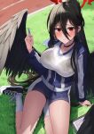  1girl 3: absurdres arm_support black_choker black_footwear black_hair black_wings blue_archive blue_jacket blue_shorts blush bra_visible_through_clothes breasts choker clipboard closed_mouth day feathered_wings from_above full_body grass gym_uniform hair_between_eyes halo hand_up hasumi_(blue_archive) hasumi_(gym_uniform)_(blue_archive) hidel highres holding holding_pen jacket knees_out_of_frame large_breasts long_hair long_sleeves looking_at_viewer looking_up mole mole_under_eye official_alternate_costume outdoors partially_unzipped pen ponytail red_eyes shirt shoes short_shorts shorts sitting socks solo sweat taut_clothes taut_shirt text_print thighs track_and_field track_jacket very_long_hair wet wet_clothes white_shirt white_socks wings yokozuwari 