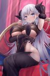  1girl absurdres albion_(azur_lane) albion_(silvermoon_faerie_princess)_(azur_lane) armpits azur_lane bare_hips blue_eyes blush breasts demon_horns elbow_gloves fur-trimmed_gloves fur_trim gloves highres horns large_breasts long_hair looking_at_viewer official_alternate_costume open_mouth pointy_ears sitting solo spread_armpit underboob very_long_hair white_hair yuuki_shuri 