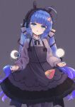  1girl animal_ears bag bangs blue_eyes blue_hair blush carrot carrot_hair_ornament crescent dress fake_animal_ears food-themed_bag food-themed_hair_ornament gothic_lolita gradient_hair hair_ornament hair_ribbon hairband highres lolita_fashion lolita_hairband long_hair long_sleeves looking_at_viewer mitsugushi_yuu multicolored_hair nail_polish neck_ribbon open_mouth orb otomachi_una pantyhose parted_lips purple_hair rabbit_ears ribbon shoulder_bag solo torn_clothes torn_pantyhose twintails very_long_hair vocaloid 