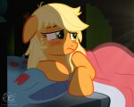  2016 applejack_(mlp) bed bed_hair bedding bedroom blanket blonde_hair blush digital_media_(artwork) ears_down earth_pony equid equine female feral freckles friendship_is_magic frown furniture green_eyes hair hasbro hi_res horse lying lying_on_bed mammal messy_hair missing_accessory my_little_pony on_bed on_model orange_body pillow pivoted_ears pony ponyecho signature solo sun sunrise tired window 