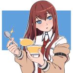  1girl arm_belt bangs belt black_belt blue_background blue_eyes brown_hair brown_jacket collared_shirt commentary dress_shirt food hair_between_eyes hands_up holding holding_food holding_spoon jacket light_blush long_hair long_sleeves looking_to_the_side makise_kurisu mefomefo necktie off-shoulder_jacket off_shoulder open_mouth outline pudding red_necktie shirt simple_background solo spoon steins;gate straight_hair two-tone_background upper_body white_background white_outline white_shirt 