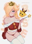  1girl absurdres alternate_costume antlers bare_shoulders blonde_hair blue_eyes choker crown datli64 earrings fake_antlers freckles fur_trim hair_over_one_eye highres holding holding_wand jewelry long_hair long_sleeves looking_at_viewer luma_(mario) mario_(series) navel off-shoulder_shirt off_shoulder red_choker red_shirt reindeer_antlers rosalina seiza shirt sitting star_(symbol) star_earrings super_mario_galaxy thighhighs thong wand white_thighhighs 