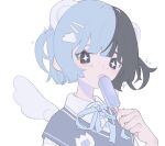  +_+ 1girl :3 am314 angel_wings animal_ears bangs bear_ears bear_girl black_eyes black_hair blue_hair blunt_bangs cloud_hair_ornament collared_shirt cross cross_necklace eating food hair_ornament hairclip holding holding_food ice_cream jewelry multicolored_hair name_tag neck_ribbon necklace open_mouth original popsicle ribbon shirt short_hair smile solo sparkle split-color_hair sweater_vest translation_request two_side_up wings 