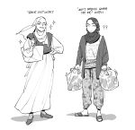  2girls ? ?? bag carrying_bag english_text handbag hello_kitty_print highres hijab jacket monochrome multiple_girls one_eye_closed open_clothes open_jacket original pants sandals shoes sparkle sweatpants trash_bag winchestermegg 