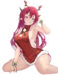  1girl absurdres antlers armpits bare_legs blue_eyes breasts christmas chyraliss cup dress green_ribbon hair_between_eyes halo heterochromia highres hololive hololive_english horns irys_(hololive) large_breasts long_hair looking_at_viewer pink_eyes pointy_ears purple_hair red_hair reindeer_antlers ribbon santa_dress sideboob simple_background sitting smile solo very_long_hair virtual_youtuber white_background 