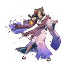  1girl animal_ears brown_eyes brown_hair damaged dark-skinned_female dark_skin fire_emblem fire_emblem_heroes flower food fur-trimmed_kimono fur_trim hair_flower hair_ornament japanese_clothes kimono long_hair mochi official_art panne_(fire_emblem) rabbit_ears sandals sash solo stone tabi teeth torn_clothes torn_kimono white_background 