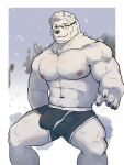  anthro bear beard black_nose blue_eyes blurred_background bottomwear boxers_(clothing) bulge clothin clothing eyewear facial_hair fur glasses hair hi_res looking_at_viewer male mammal muscular nullshark1 pants polar_bear snow solo underwear ursine white_body white_fur white_hair 