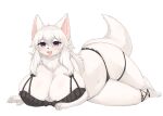  2022 absurd_res anthro big_breasts blush breasts canid canine canis chest_tuft claws cleavage clothed clothing cute_fangs digital_media_(artwork) domestic_dog feet female female_anthro fluffy fur hair hi_res huge_breasts inake kemono lingerie looking_at_viewer lying mammal on_front open_mouth paws purple_eyes simple_background solo toe_claws toes tongue tuft underwear white_background white_body white_fur white_hair 