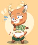  animal_crossing antelope anthro beau_(animal_crossing) blush bodily_fluids bottomwear bottomwear_down bovid clothed clothing coopitchu diaper hand_on_face hi_res hooves horn male mammal nervous nintendo open_mouth pants pants_down partially_clothed solo standing sweat sweatdrop zipper 