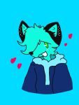  &lt;3 absurd_res anthro black_ears black_nose blue_body blue_fur canid canine canis clothing domestic_cat felid feline felis freckles fur green_eyes hi_res hoodie hybrid inner_ear_fluff male mammal nico_(arineko) portrait smile solo spotted_ears topwear trashgirl tuft wolf 