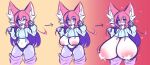  &lt;3 anthro areola big_breasts blue_eyes blush bodily_fluids breast_expansion breasts canid canine expansion female fox hair heterochromia hi_res huge_breasts hyper hyper_breasts lactating mammal mazz_(mazzlerazz) mazzlerazz milk multicolored_hair navel nipples one_eye_closed pink_hair purple_body purple_hair red_eyes smile solo standing thick_thighs wink 