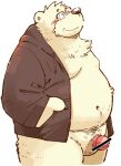  4_fingers anthro balls bear belly big_belly black_nose blush bottomless censor_bar censored chest_tuft clothed clothing eyewear fingers fur garouzuki genitals glasses hand_on_hip head_tuft hoodie hoodie_only ineffective_censorship kemono ken_(garouzuki) male mammal monotone_body monotone_fur moobs navel nipples open_clothing open_shirt open_topwear overweight overweight_anthro overweight_male penis pink_nipples polar_bear shirt simple_background smile solo topwear topwear_only tuft ursine 