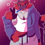  anthro clothed clothing digital_media_(artwork) felid fizzyjay fur generation_7_pokemon hi_res incineroar looking_at_viewer male mammal muscular muscular_anthro muscular_male nintendo pokemon pokemon_(species) red_body red_fur simple_background solo 