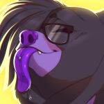  bear black_body black_fur blair_(unmakeyourself) bodily_fluids digital_media_(artwork) drooling eyes_closed eyewear female fur glasses hair mammal nonbinary_(lore) piercing purple_nose purple_tongue saliva sapphiix simple_background smile solo sun_bear tongue tongue_out tongue_piercing ursine 