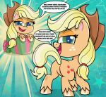  2020 applejack_(mlp) bedroom_eyes blonde_hair butt chibi christmas christmas_present clothing cowboy_hat cutie_mark dialogue digital_drawing_(artwork) digital_media_(artwork) earth_pony english_text equid equine eyelashes featureless_crotch female feral fetlocks freckles friendship_is_magic fur gift green_eyes hair hasbro hat headgear headwear hi_res holidays hooves horse innuendo looking_at_viewer looking_back looking_back_at_viewer mammal my_little_pony my_little_pony:_pony_life narrowed_eyes on_model open_mouth open_smile orange_body orange_fur orange_hooves pony presenting presenting_hindquarters quadruped seductive smile solo speech_bubble spookitty star text yellow_tail 