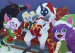  2022 anthro blonde_hair breasts christmas christmas_clothing christmas_headwear clothing female feral group hair hat headgear headwear hi_res holidays huffslove kindred_(lol) lamb_(lol) league_of_legends lulu_(lol) poppy_(lol) riot_games santa_hat short_stack tristana_(lol) under_boob wolf_(lol) yordle 