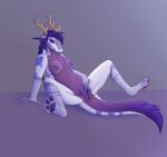  anthro antlers dragon ear_piercing female fulture genitals hi_res horn hybrid membrane_(anatomy) nipple_piercing nipples pawpads paws piercing presenting purple_body pussy solo solo_focus spread_legs spread_pussy spreading webbed_feet webbed_hands yellow_eyes 
