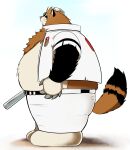  2020 96_gatefield anthro baseball_(sport) baseball_bat baseball_cap baseball_uniform bat_(object) belly big_belly bottomwear brown_body brown_fur canid canine clothed clothing dorabase doraemon fur hat headgear headwear hi_res kemono mammal open_clothing open_shirt open_topwear overweight pants pokoemon_(character) raccoon_dog shirt solo sport sportswear tanuki topwear uniform 